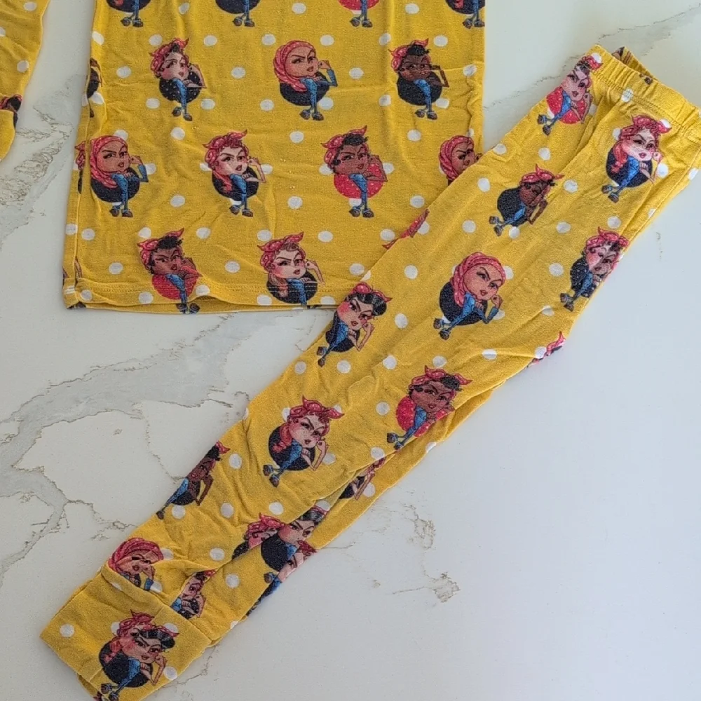 Posh Peanut Yellow Character Print Long Sleeve Pajama Set with White Polka Dots